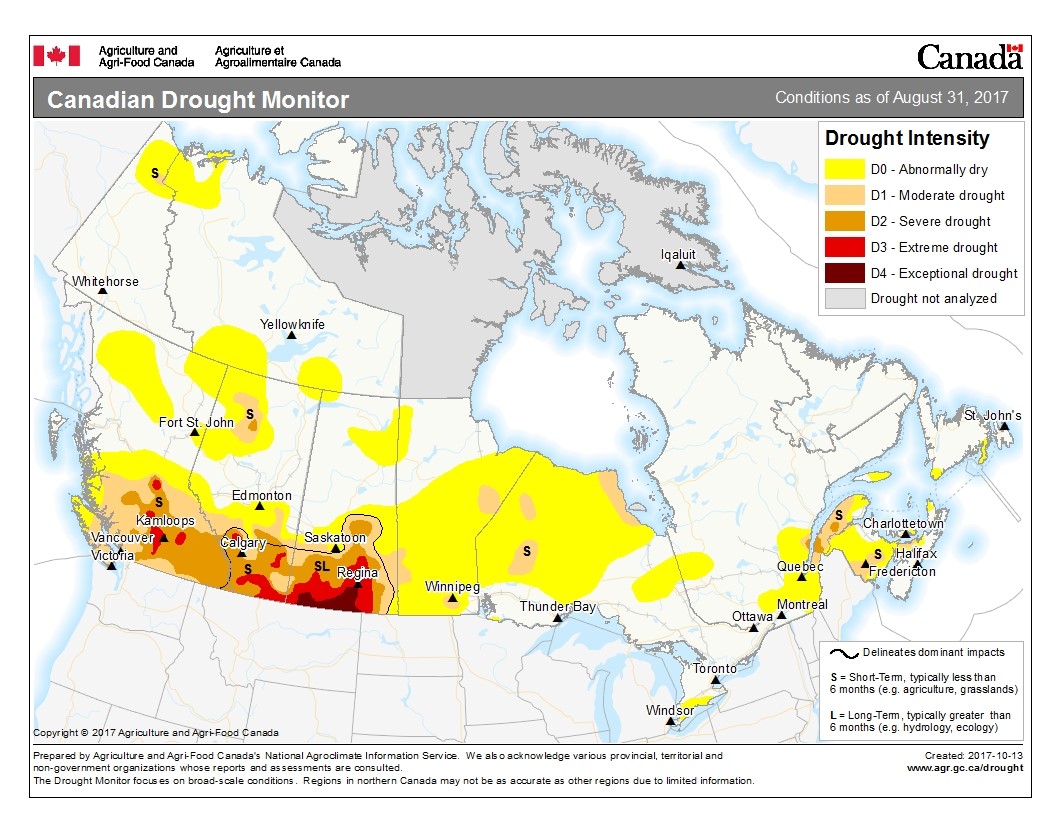 Une carte des sécheresses des provinces canadiennes en date de la fin de l’été 2017 montre que le temps sec et la sécheresse continuaient d’être un enjeu en Saskatchewan et au Manitoba. Mention de source : Agriculture et Agroalimentaire Canada