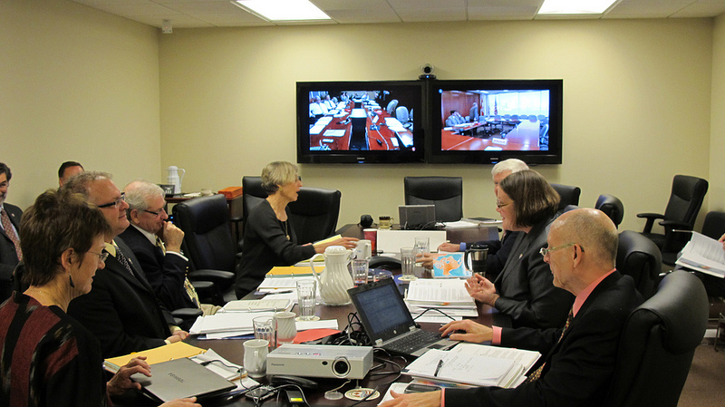 Commissioners and staff converse via videoconference with their colleagues in the IJC’s Ottawa and Windsor offices during the November executive meeting.