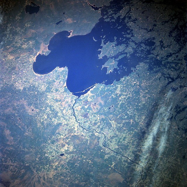 Lake of the Woods occupies parts of Ontario and Manitoba in Canada, and Minnesota in the United States. Credit: NASA. 