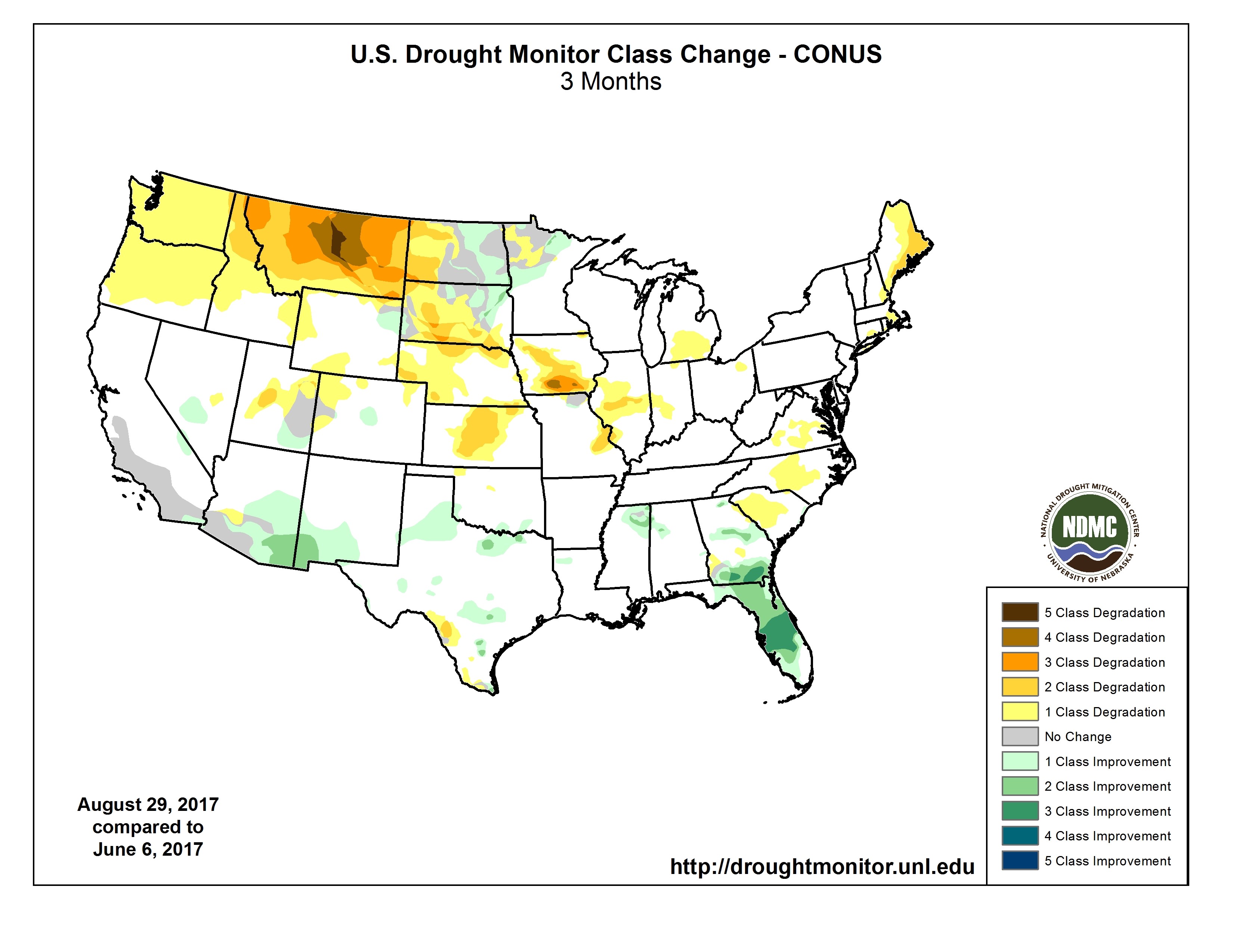 Une carte des sécheresses de l’été 2017 dans la zone continentale des États-Unis montre des conditions de sécheresse au Montana, et un chevauchement dans les États environnants. Mention de source : National Drought Mitigation Center