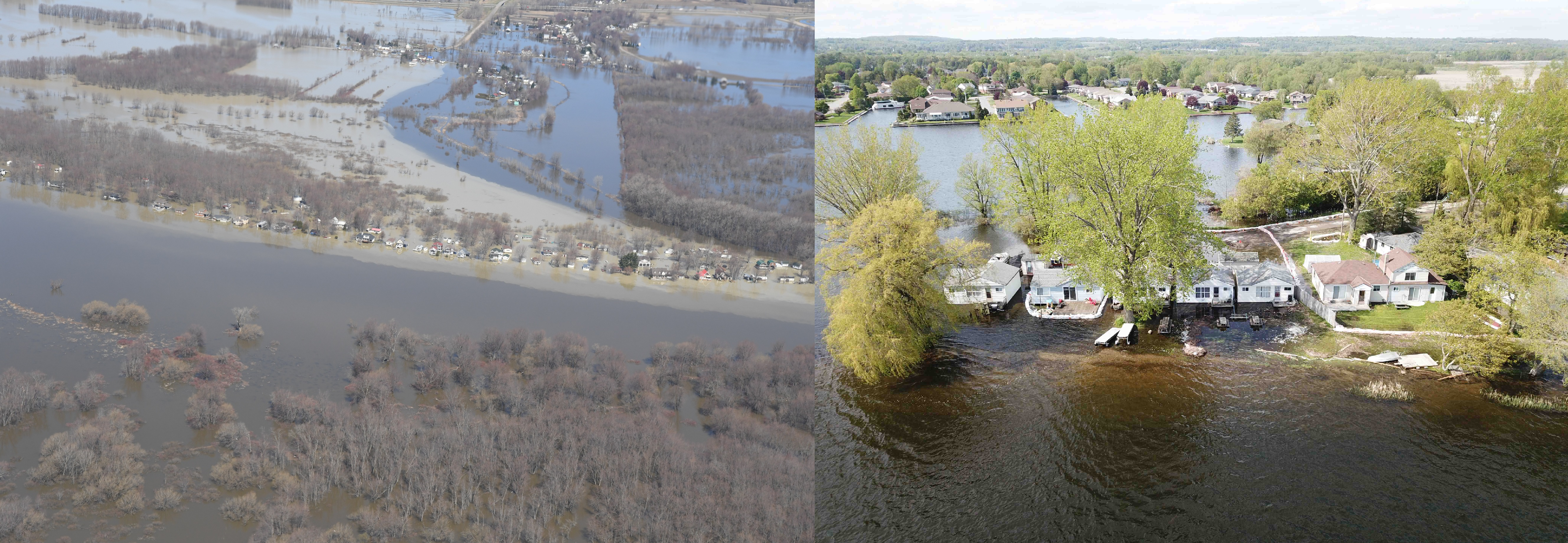 May 2019 St. Lawrence River at Lake Saint-Pierre (left, source: Lower Trent Region Conservation Authority) and Lake Ontario at Brighton (right, source: Transport Canada)