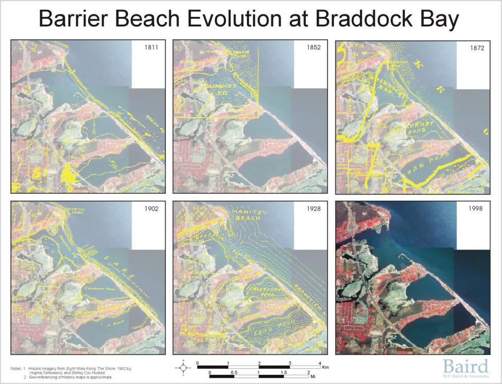  The barrier beach at Braddock Bay has eroded from 1811 to 1998. Credit: USACE.