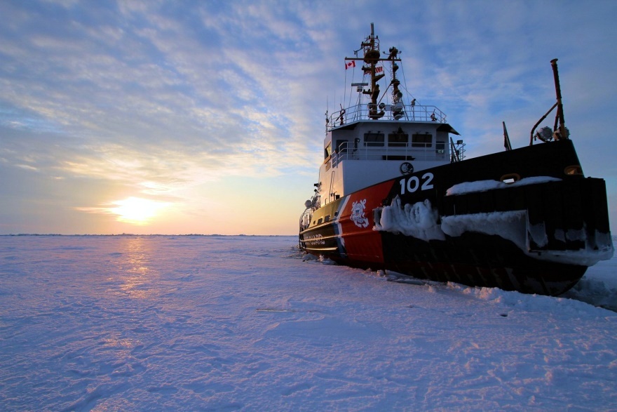 The Coast Guard Cutter Bristol Bay sits in the middle of Lake Erie as its crew takes ice liberty during a short break from ice breaking duties as part of Operation Coal Shovel, March 8, 2015. The crew of the Bristol Bay, along with the Canadian Coast Guard Ship Griffon, escorted the motor vessel Algoma Hansa through a frozen Lake Erie. Credit: U.S. Coast Guard photo by Chief Petty Officer Nick Gould
