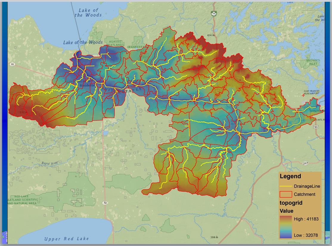 Topographic relief, significant flow and large watersheds (catchments) in the Lower Rainy River hydrologic unit. Credit: USGS.