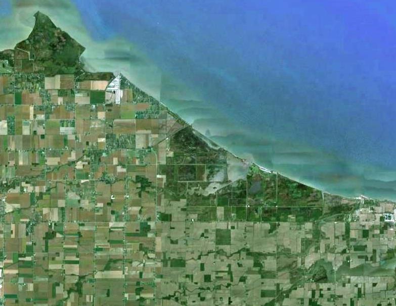 A snapshot of Ohio’s Lake Erie Coastal Marshes from Cedar Point National Wildlife Refuge (upper left corner) to the Ottawa National Wildlife Refuge (coastal center), where numerous wetland restoration and coastal reconnection projects are underway. Credit: Google Earth.