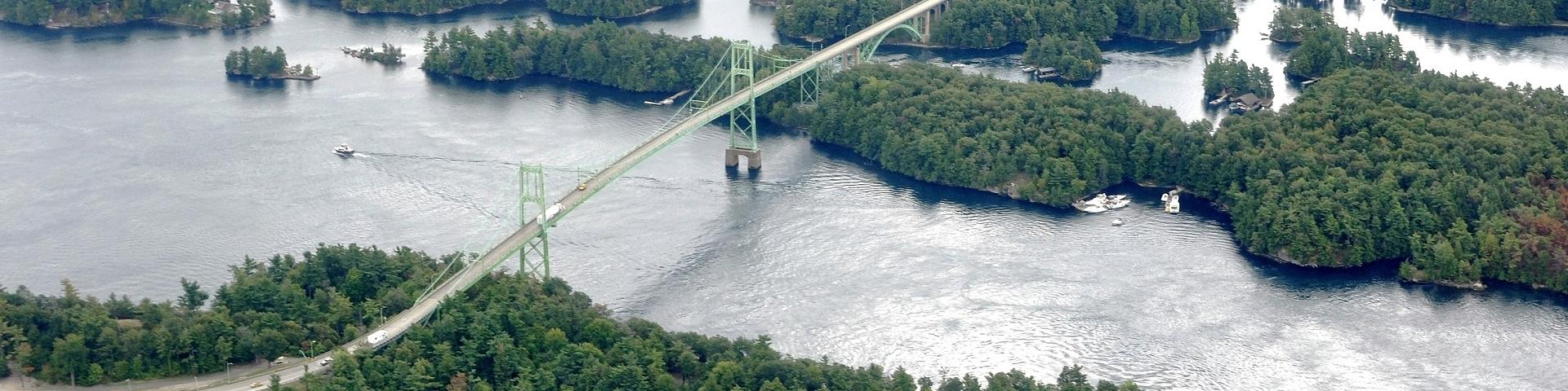 Aerial image of 1000 Island bridge, Ontario, Canada