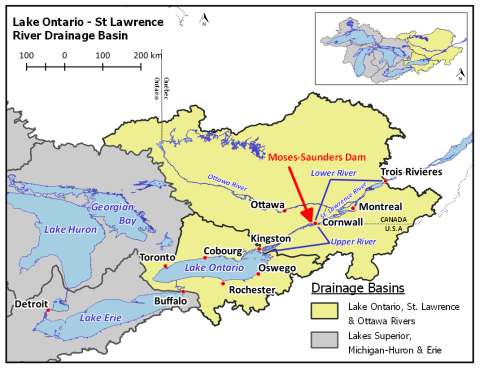Figure 1. Map of Lake Ontario, Lake Erie, the St. Lawrence River, Ottawa River, and Moses-Saunders Dam